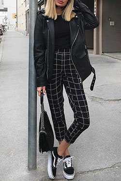 Clothing ideas teen winter outfits black and white, winter clothing: winter outfits,  Leather jacket,  Smart casual,  Street Style,  White And Black Outfit,  Black And White,  Tweed Pants  