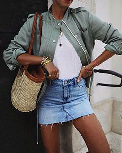 Classy outfit with miniskirt, jacket, shorts: Hot Girls,  T-Shirt Outfit,  Denim Outfits,  Denim skirt  