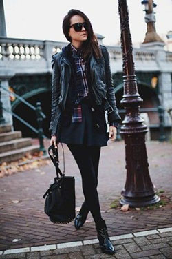 Beautiful clothing ideas with leather jacket, dress shirt, leather: Leather jacket,  shirts,  T-Shirt Outfit,  Street Style,  Plaid Outfits,  Black Leather Jacket  