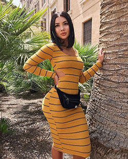 Amanda khamkaew outfits casual, casual wear, photo shoot, black hair: Bodycon dress,  Black hair,  Orange And Yellow Outfit  