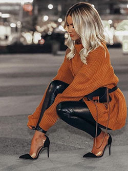 Love this burnt orange sweater and black leather leggings combo. | Summer Outfit Ideas 2020: leather,  sweater,  Outfit Ideas,  Black,  summer outfits,  Leggings,  Love,  orange,  Leather Leggings  