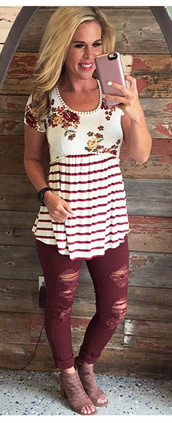 Distressed Cuffed Burgundy Skinnies | Summer Outfit Ideas 2020: Outfit Ideas,  summer outfits  