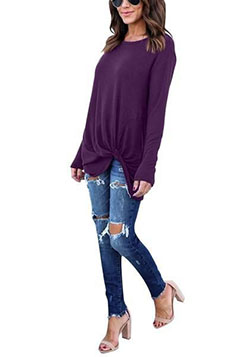 Purple Front Twist Knot Long Sleeves Crew Neck  Blouse | Summer Outfit Ideas 2020: purple,  Outfit Ideas,  summer outfits,  Blouse,  Long Sleeve  