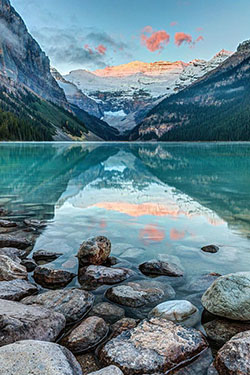 Dawn at lake louise body of water, mountainous landforms: Body Goals  