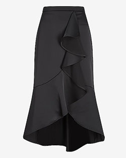 High Waisted Satin Ruffle Front Midi Skirt | Express: 