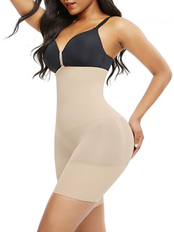Beige Seamless Body Shaper Buckle Mid-Thigh Curve-Creating: 