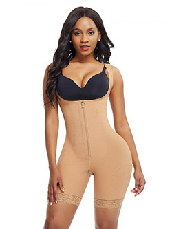 Skin Color Shoulder Hooks Latex Shapewear With Zipper Queen Size: 