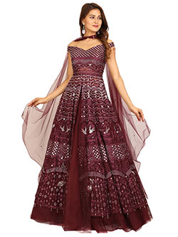 Wine Designer Lehenga In Net With Mirror And Thread Work: 