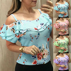 Womens Floral Print Off-Shoulder Tops Summer Beach Tank Tops Vest Blouses Shirts: 