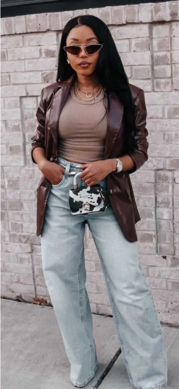 Baggy Jeans and Leather Jacket: Wide-Leg Jeans,  leather,  Handbags  