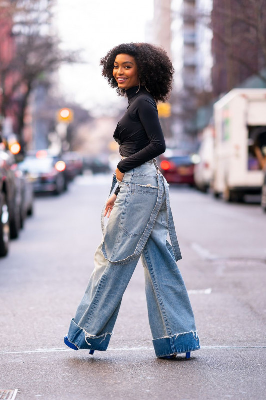Wide Leg, Folded Over Frayed Jeans: Wide-Leg Jeans,  Jeans,  Short hair  