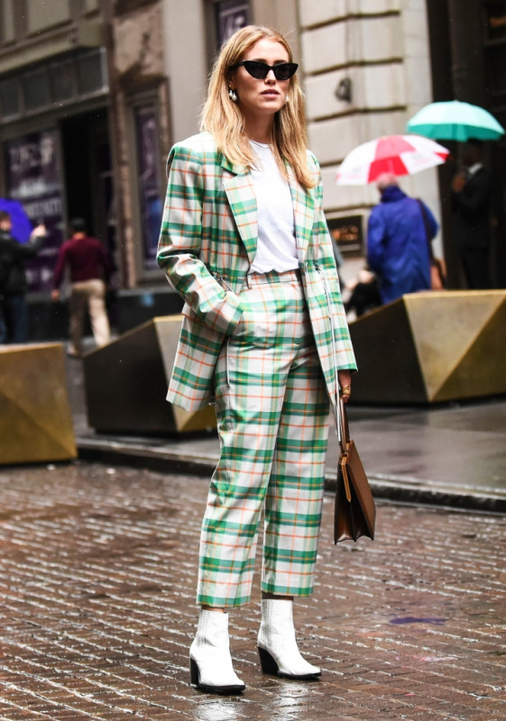 Head-To-Toe Plaid Pantsuit: Power Suit,  Sunglasses,  Brown hair,  Short hair,  Checked Trousers  