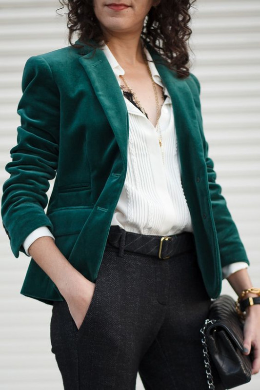Green Velvet Coat With White Shirt For Business Meetings: Green Suits,  Velvet Dress,  Business casual,  Office Outfit,  Interview Outfit,  White Shirt  