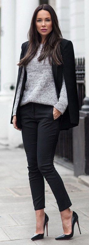 Black Blazer With Gray Sweater & Black Skinny Pant: Casual Winter Outfit,  Cape dress,  Black Blazer,  Sweaters Outfit,  Winter Casual  