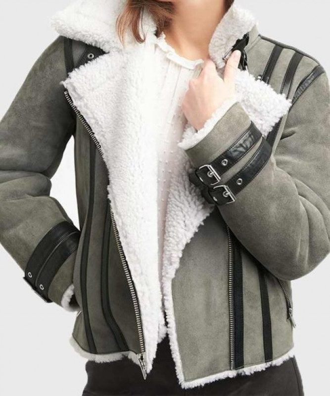 Womens Shearling Grey Sheepskin Genuine Leather Jacket: 