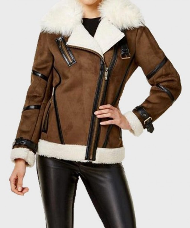 Womens Faux Fur Brown Leather Jacket: 