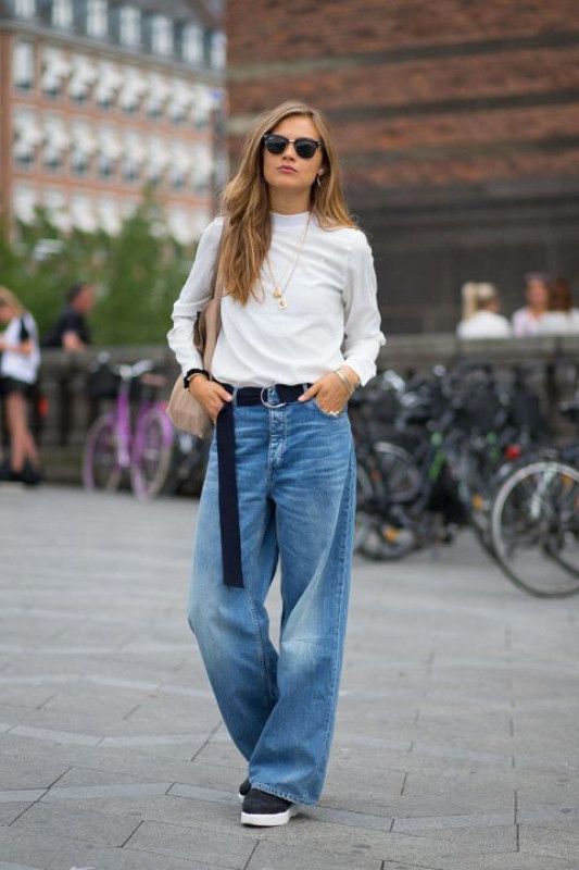 Baggy Jeans With White Shirt: Sunglasses,  Blue Jeans,  Short hair,  White Shirt  