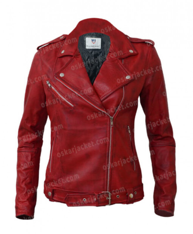 Womens Negan Red Biker Lambskin Leather Jacket: 