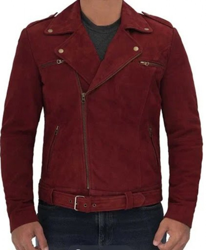 Men Sean Suede Biker Maroon Jacket: 