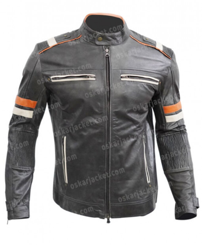 Men’s Biker Vintage Cafe Racer Distress Black Leather Jacket: Leather jacket  