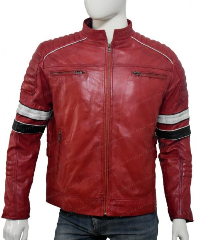 Mens Cafe Racer Black and White Stripe Jacket: Leather jacket  