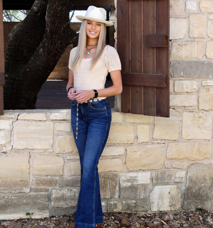 Cowgirl Costume Idea With Bootcut Jeans and Knitted Top: Cowgirl Outfits,  Cowgirl Fashion,  Country Outfits,  cowgirl hat  