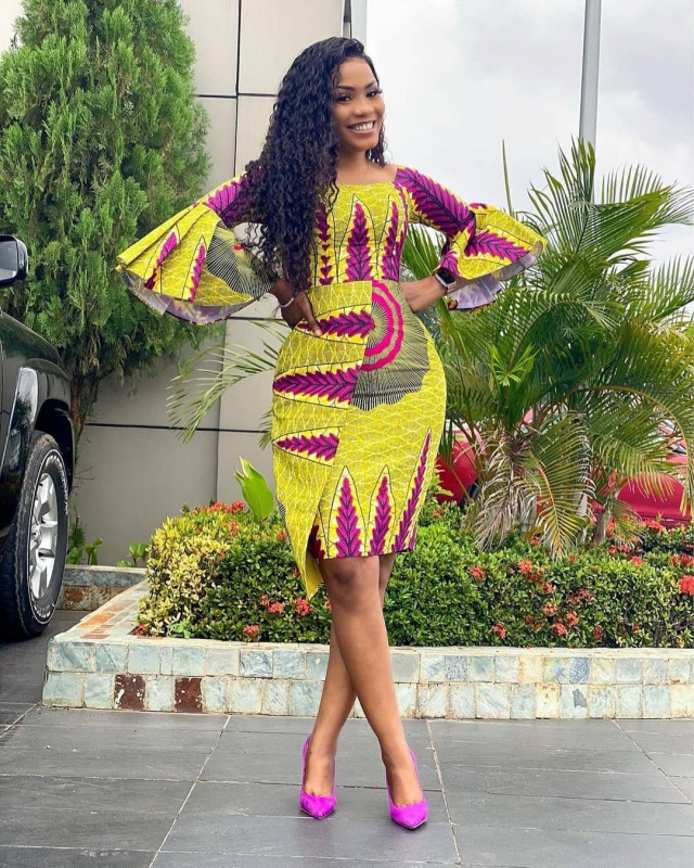 Yellow Short Ankara Gown With Bell Sleeves: Ankara Dresses,  Short Ankara Gown,  African fashion,  Ankara Outfits,  Ankara Short Gown  