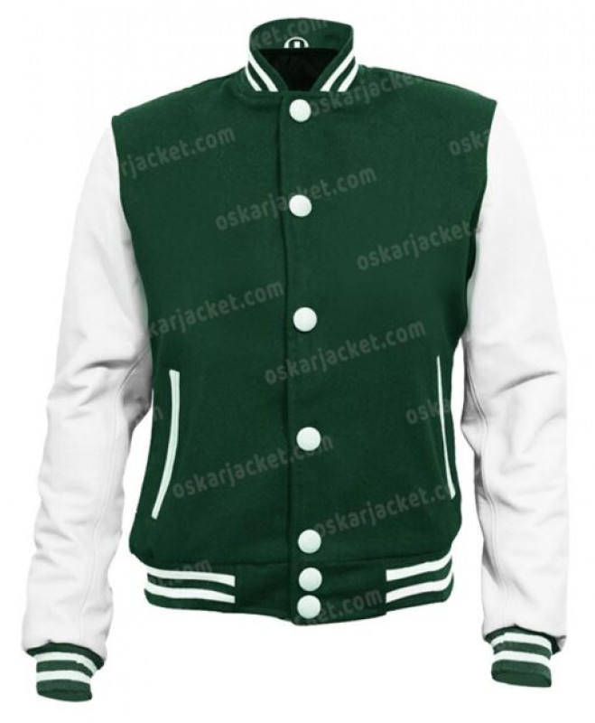 Mens Green and White Football Wool Letterman Jacket: jacket  