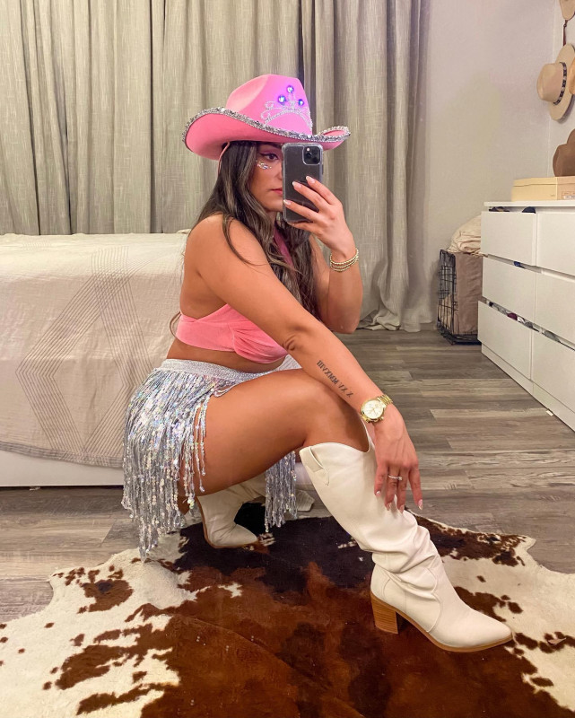 Space Cowgirl Costume With Knee High Boots & Pink Backless Top: Cowgirl Outfits,  Cute Cowgirl  