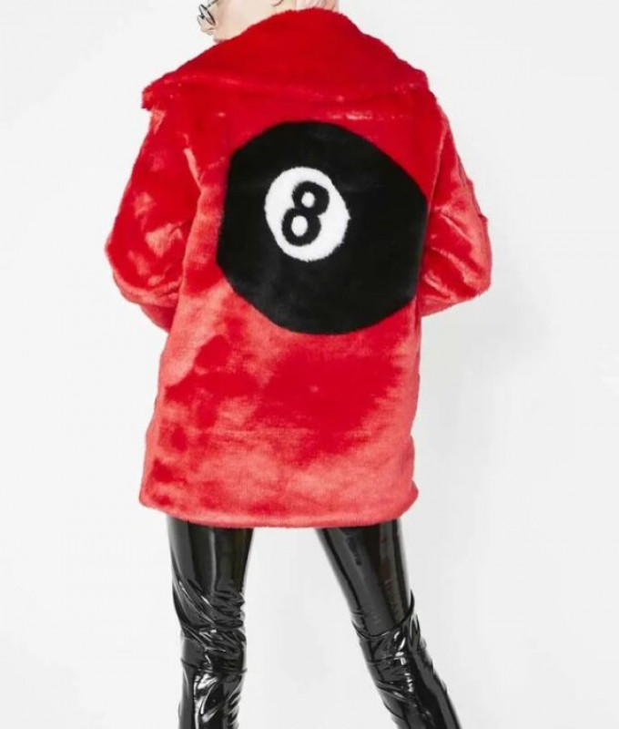 Women’s 8 Ball Logo Red Faux Fur Jacket: 