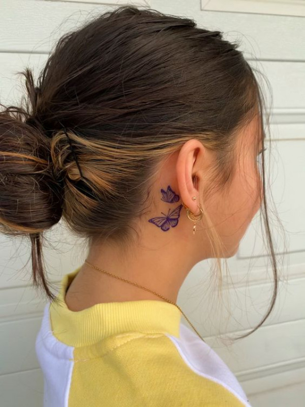 Minimalist Butterfly Tattoo Design Under Ear: Butterfly Tattoo,  Tattoo Ideas  