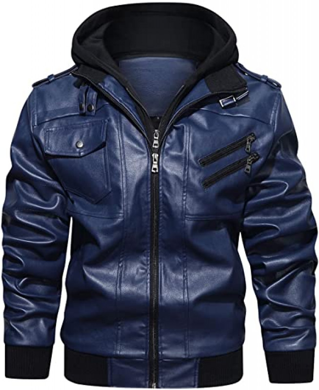 Mens Biker Removable Hood Bomber Navy Blue Jacket: jacket,  Leather jacket  