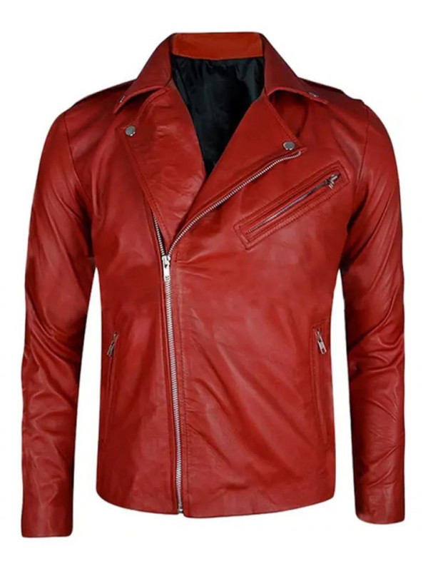 Mens Red Asymmetrical Zipper Biker Leather Jacket: 