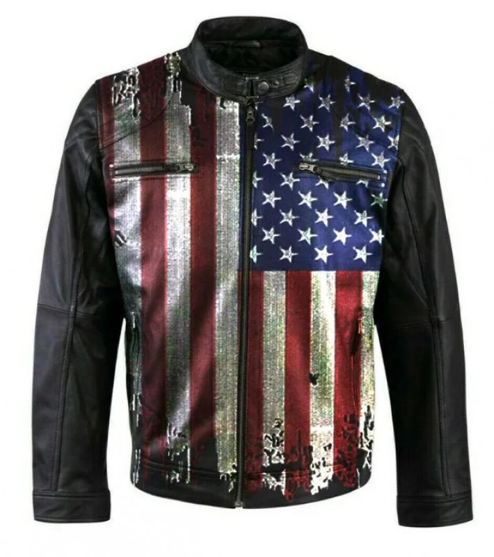 Mens and Womens Vintage USA Flag Leather Jacket: jacket  