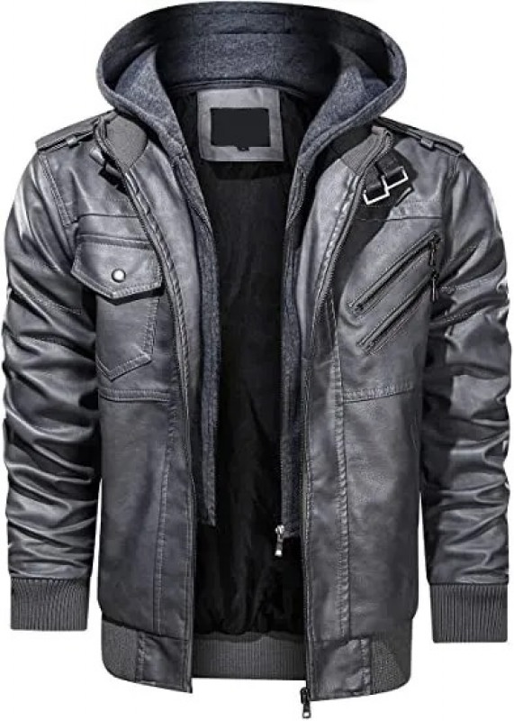 Mens Removable Hood Grey Leather Jacket: Leather jacket  