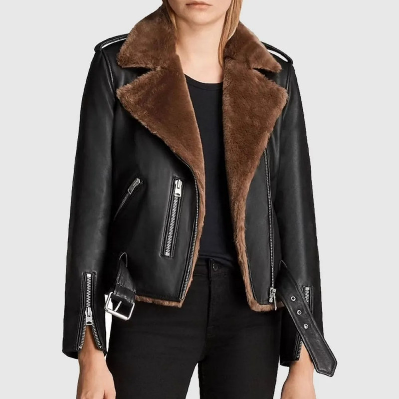 Womens Slim Fit Biker Aviator Fur Leather Jacket: Leather jacket  