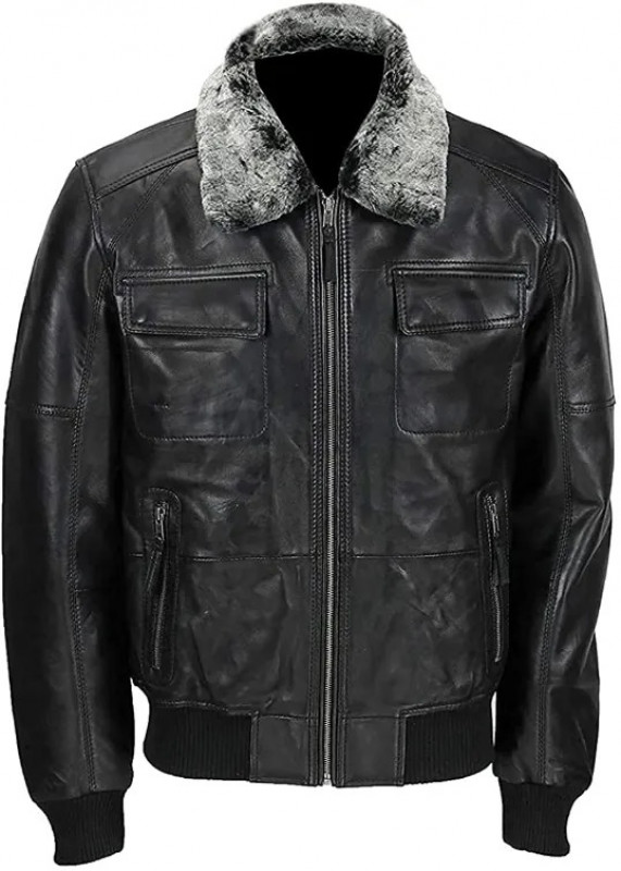 Mens Black Bomber Detachable Fur Collar Leather Jacket: Leather jacket  