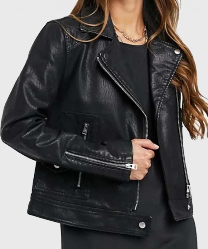 Womens Zipper Cuffs Black Biker Leather Jacket: Leather jacket  