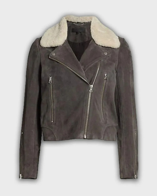 Women’s Grey Biker Suede Leather Fur Collar Jacket: 