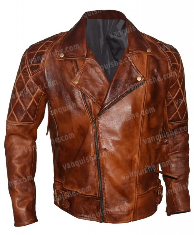 Men Distressed Brown Vintage Quilted Motorcycle Jacket: Leather jacket  