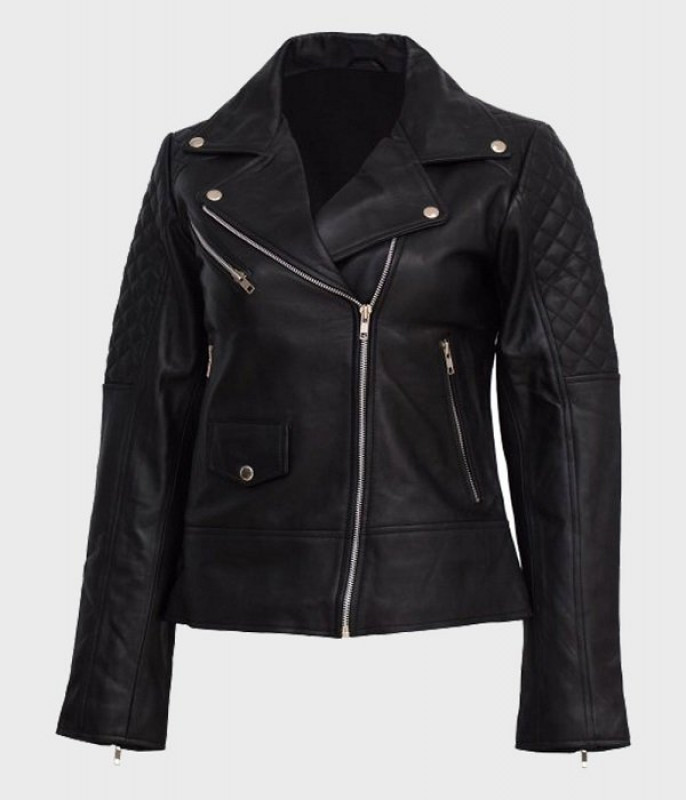Women’s Black Quilted Shoulder Biker Leather Jacket: 
