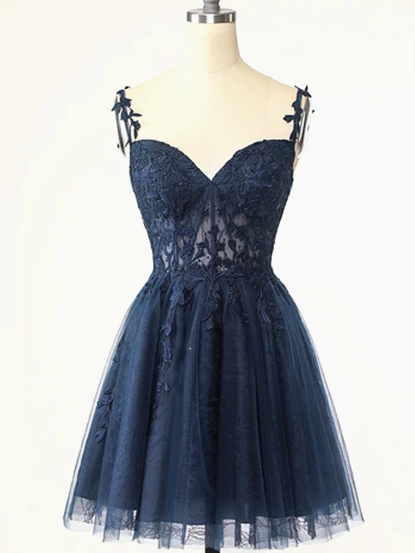 Appliqued Sheer Corset Short Prom Dress with Straps KSP619: 
