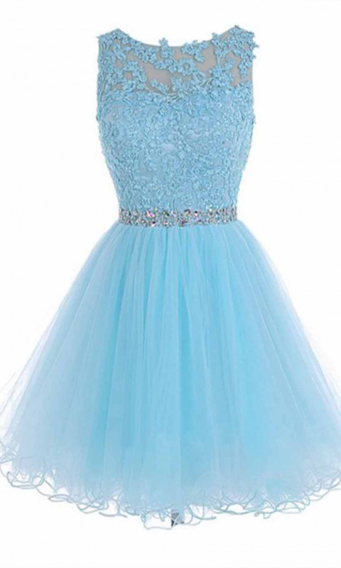 Sky Blue High Illusion Short Lace Prom Dresses KSP455: 