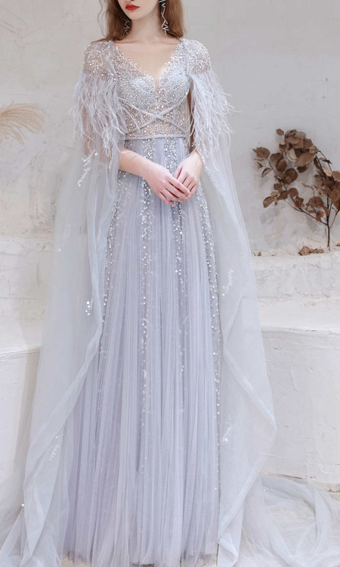 Bedazzled Fringe Opera Cape Grey Prom Dresses Long KSP613: 