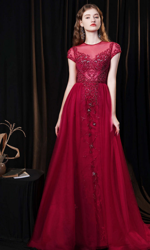 Long Red Luxury Bodycon Prom Dresses with Train Covered KSP598: 
