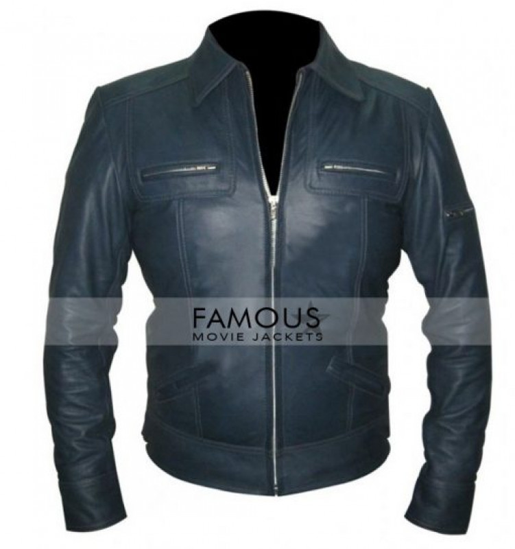 Mens Navy Blue Designer Leather Jacket: 