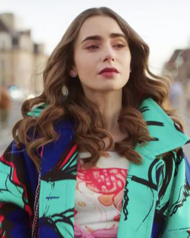 Emily In Paris S02 Lily Collins Blue Printed Coat: 
