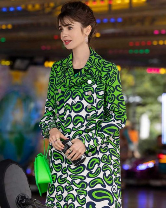 Emily in Paris S03 Emily Cooper Green Printed Coat: 