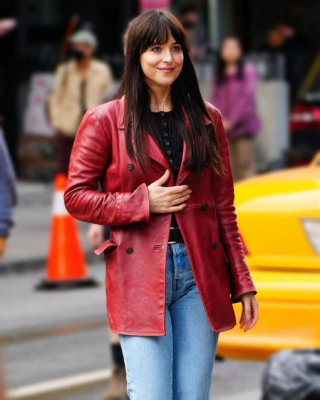 Madame Web 2023 Dakota Johnson Leather Pea Coat: 