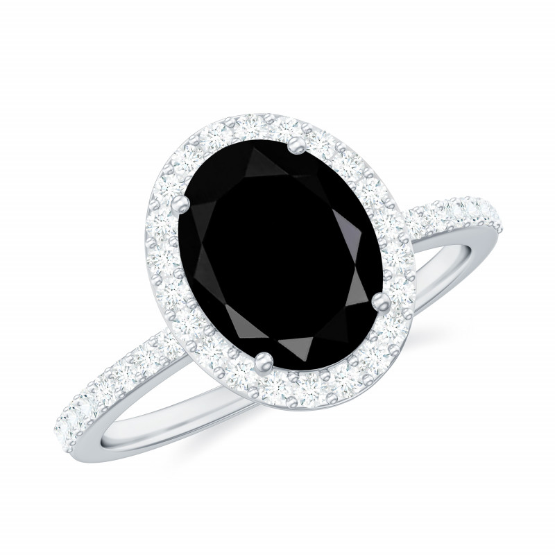 Oval Black Spinel and Moissanite Classic Halo Engagement Ring: 